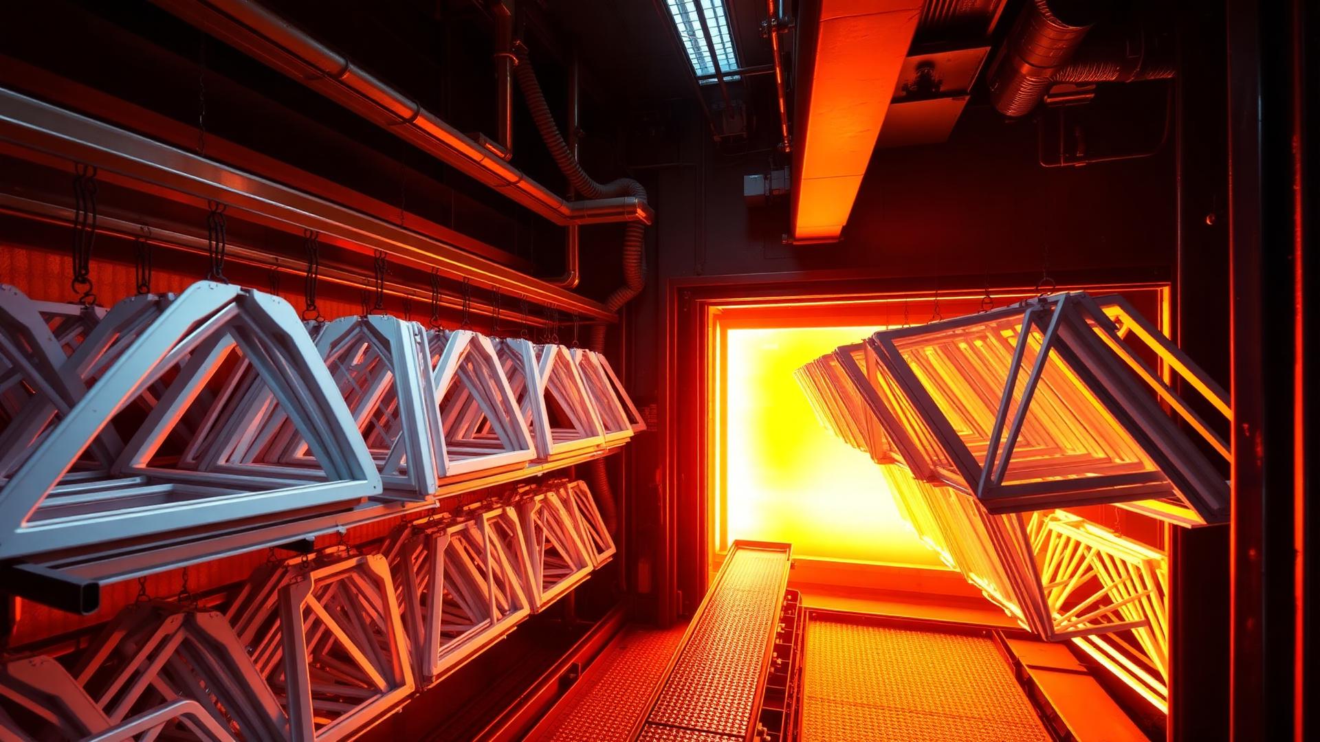 Powder coated frames inside Infinity's glowing industrial curing oven