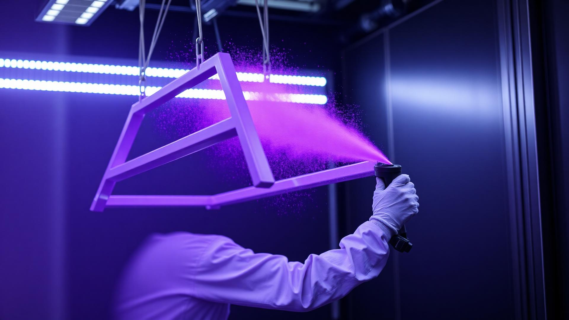 Electrostatic powder coating applied to an aluminum frame in Infinity Middle East's powder booth